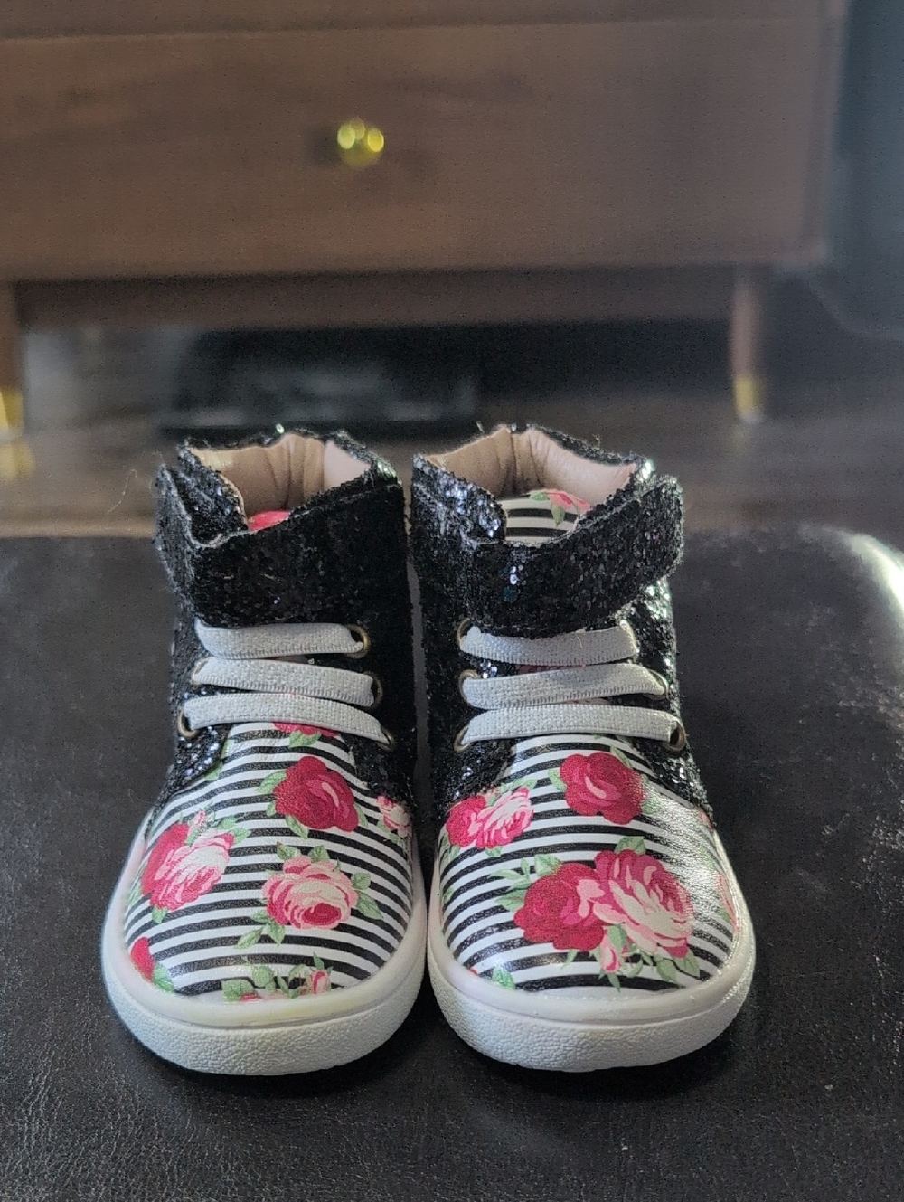 Monkey Feet Kids High-Top Sneakers in Black & Pink Floral
